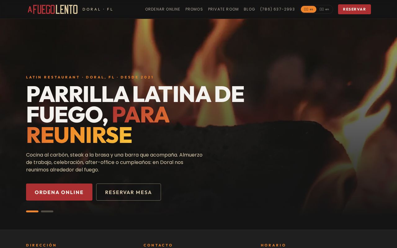 Página web de A Fuego Lento Doral con promociones y reservas en línea